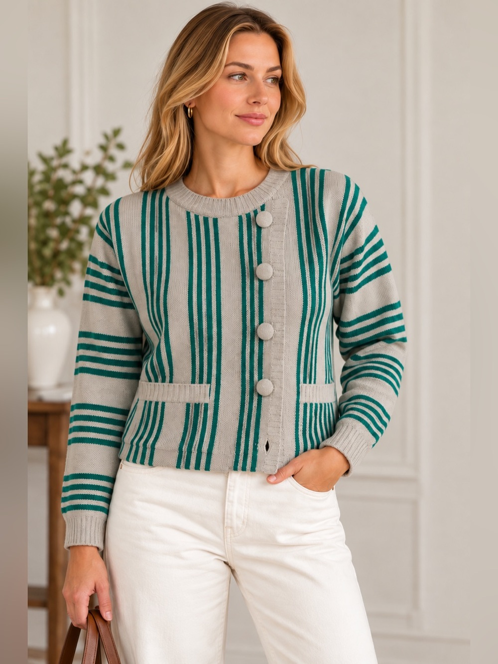 Italian 100% Virgin Wool Green Stripes Cardigan Sweater Button Front Pockets